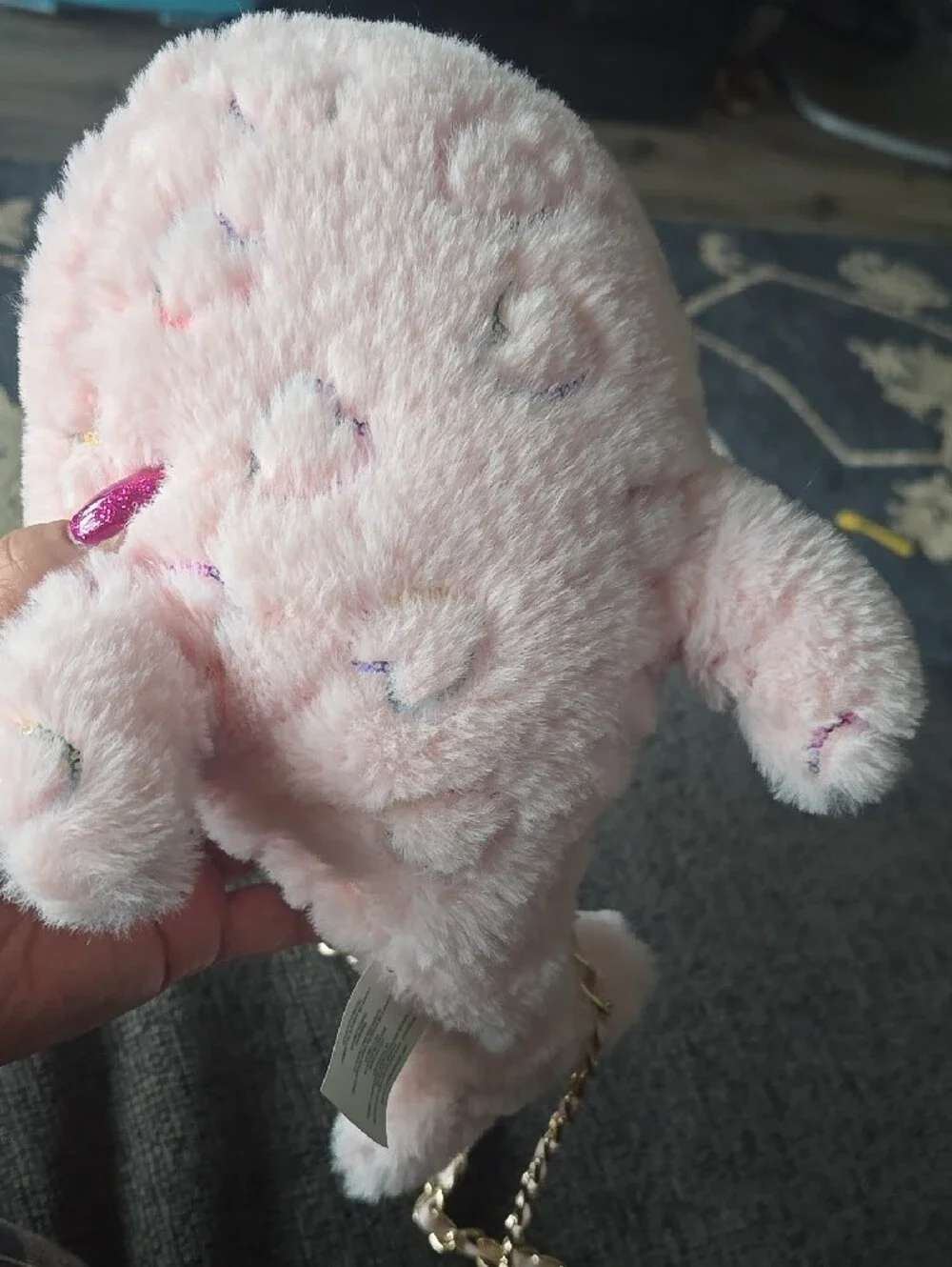 Sparkle Heart Pink Narwhal Plush Crossbody Bag with Gold Chain